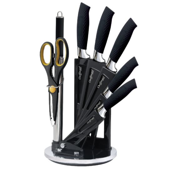 Σετ Μαχαίρια με Περιστρεφόμενη Βάση Στήριξης 360° 8 τμχ Μαύρα Cheffinger KS04