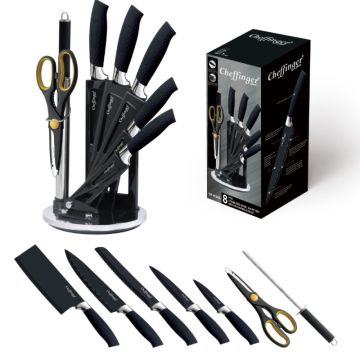 Σετ Μαχαίρια με Περιστρεφόμενη Βάση Στήριξης 360° 8 τμχ Μαύρα Cheffinger KS04 - 