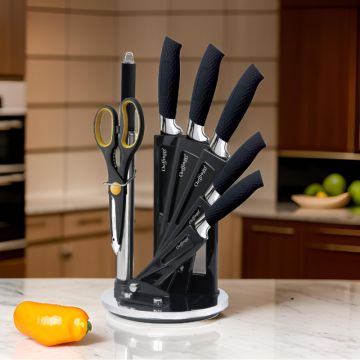 Σετ Μαχαίρια με Περιστρεφόμενη Βάση Στήριξης 360° 8 τμχ Μαύρα Cheffinger KS04 - 