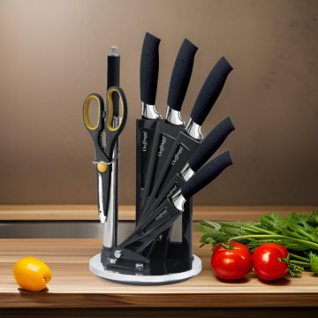 Σετ Μαχαίρια με Περιστρεφόμενη Βάση Στήριξης 360° 8 τμχ Μαύρα Cheffinger KS04 - 