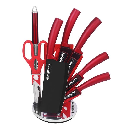Herzberg Σετ μαχαίρια 8 τμχ από Ανοξείδωτο Ατσάλι με Περιστρεφόμενη Βάση Στήριξης 360°, HG-MSN8RD