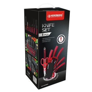 Herzberg Σετ μαχαίρια 8 τμχ από Ανοξείδωτο Ατσάλι με Περιστρεφόμενη Βάση Στήριξης 360°, HG-MSN8RD - 
