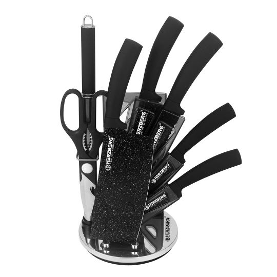 Herzberg Σετ μαχαίρια 8 τμχ από Ανοξείδωτο Ατσάλι με Περιστρεφόμενη Βάση Στήριξης 360°, HG-MSN8BLM