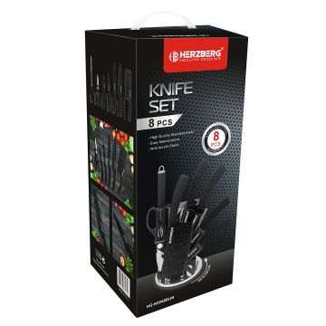 Herzberg Σετ μαχαίρια 8 τμχ από Ανοξείδωτο Ατσάλι με Περιστρεφόμενη Βάση Στήριξης 360°, HG-MSN8BLM - 