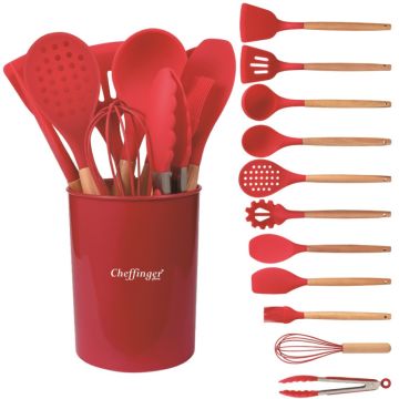 Σετ Εργαλεία Κουζίνας 12τμχ με Βάση Αποθήκευσης Κόκκινα Cheffinger UT12