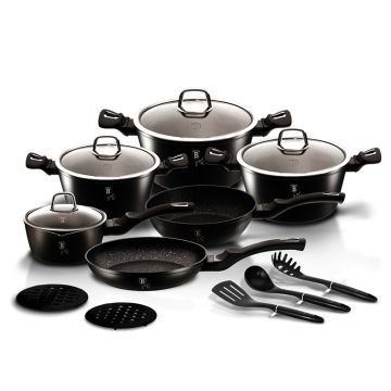 Σετ μαγειρικά σκεύη 15 τεμαχίων από σφυρήλατο αλουμίνιο με τριπλή επίστρωση μαρμάρου Matt Black Silver Collection Berlinger Haus BH-6155