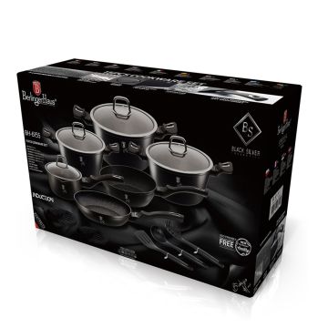 Σετ μαγειρικά σκεύη 15 τεμαχίων από σφυρήλατο αλουμίνιο με τριπλή επίστρωση μαρμάρου Matt Black Silver Collection Berlinger Haus BH-6155 - 