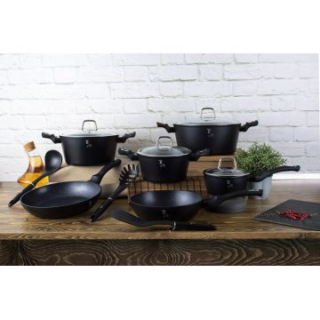 Σετ μαγειρικά σκεύη 15 τεμαχίων από σφυρήλατο αλουμίνιο με τριπλή επίστρωση μαρμάρου Matt Black Silver Collection Berlinger Haus BH-6155 - 