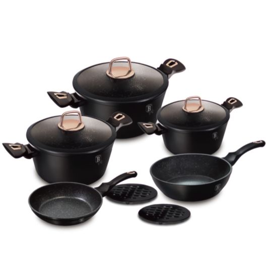 Berlinger Haus Σετ μαγειρικά σκεύη και εργαλεία κουζίνας 10 τμχ με τριπλή επίστρωση μαρμάρου, Black Rose Collection BH-8168