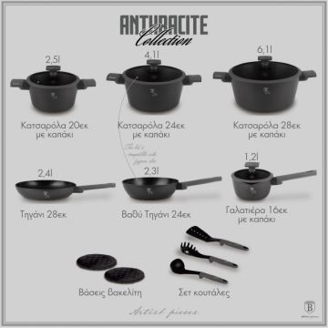 Berlinger Haus Σετ μαγειρικά σκεύη και εργαλεία κουζίνας 15 τμχ με τριπλή επίστρωση titan, Anthracite Collection BH-8141 - 