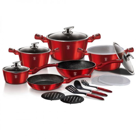Berlinger Haus Σετ μαγειρικά σκεύη και εργαλεία κουζίνας 18 τμχ με τριπλή επίστρωση titan, Metallic Line Burgundy Edition BH-7035