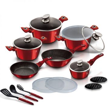 Berlinger Haus Σετ μαγειρικά σκεύη και εργαλεία κουζίνας 18 τμχ με τριπλή επίστρωση titan, Metallic Line Burgundy Edition BH-7035 - 