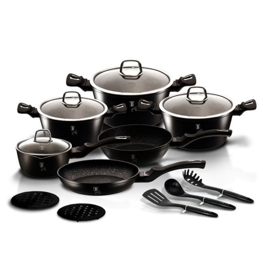 Berlinger Haus Σετ μαγειρικά σκεύη και εργαλεία κουζίνας 15 τμχ με τριπλή επίστρωση μαρμάρου, Black Silver Collection, BH-6155NL