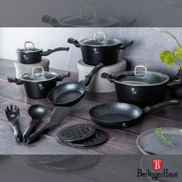 Berlinger Haus Σετ μαγειρικά σκεύη και εργαλεία κουζίνας 15 τμχ με τριπλή επίστρωση μαρμάρου, Black Silver Collection, BH-6155NL - 