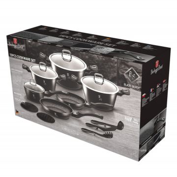 Berlinger Haus Σετ μαγειρικά σκεύη και εργαλεία κουζίνας 15 τμχ με τριπλή επίστρωση μαρμάρου, Black Silver Collection, BH-6155NL - 