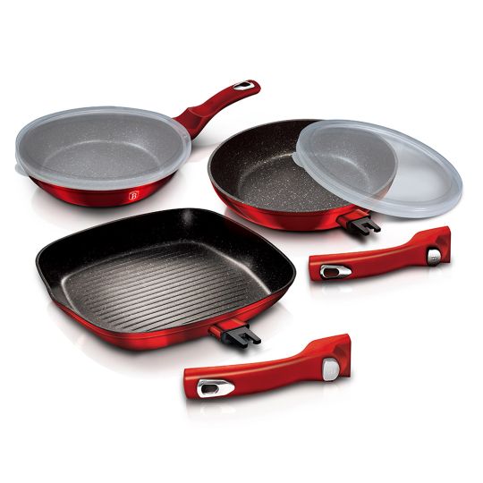 Berlinger Haus Σετ 2 τηγάνια και γκριλιέρα - σχαροτήγανο με αντικολλητική επίστρωση μαρμάρου και πλαστικά καπάκια Metallic Line Burgundy Collection BH-6796