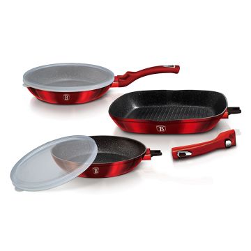 Berlinger Haus Σετ 2 τηγάνια και γκριλιέρα - σχαροτήγανο με αντικολλητική επίστρωση μαρμάρου και πλαστικά καπάκια Metallic Line Burgundy Collection BH-6796 - 