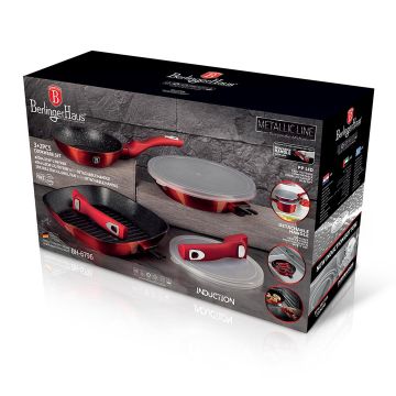 Berlinger Haus Σετ 2 τηγάνια και γκριλιέρα - σχαροτήγανο με αντικολλητική επίστρωση μαρμάρου και πλαστικά καπάκια Metallic Line Burgundy Collection BH-6796 - 