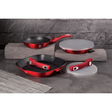 Berlinger Haus Σετ 2 τηγάνια και γκριλιέρα - σχαροτήγανο με αντικολλητική επίστρωση μαρμάρου και πλαστικά καπάκια Metallic Line Burgundy Collection BH-6796 - 