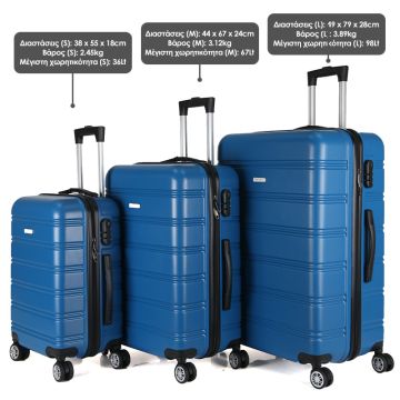 Royalty Line Σετ βαλίτσες ταξιδιού σκληρές 3 τμχ σε μπλε χρώμα με 4 τροχούς RL-LTS18706-BLU - 