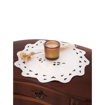 Σατινέ Στρογγυλή Μπομπονιέρα με Κοφτό & Κέντημα Λουλούδι Bo Maison 30cm 30x30cm Εκρού - 