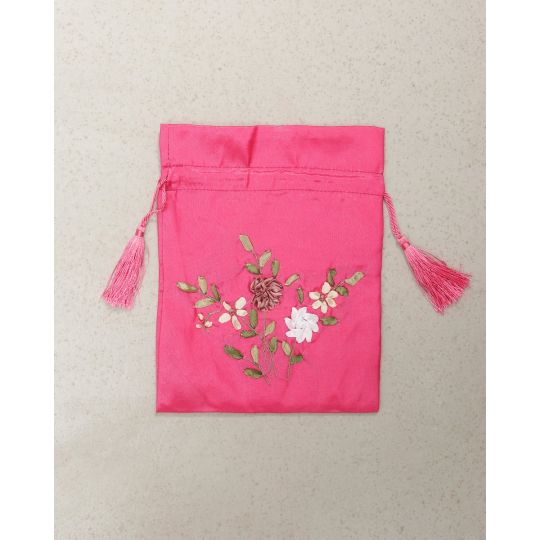 Πουγκί από Ταφτά με Λουλουδάτο Κέντημα για Μπομπονιέρα Lux 18x23cm 18x23cm