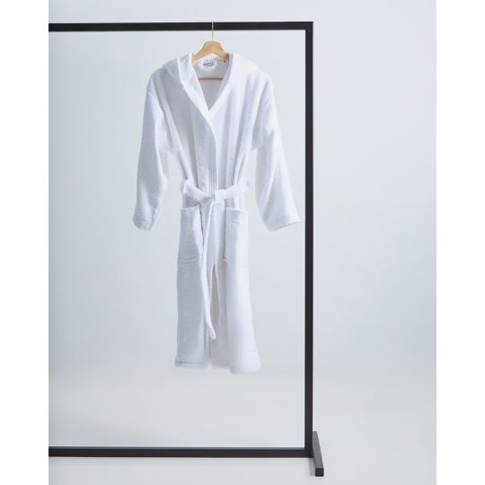 Unisex Βαμβακερό Πετσετέ Λευκό Μπουρνούζι με Πλισέ Γιακά & Κουκούλα Adore