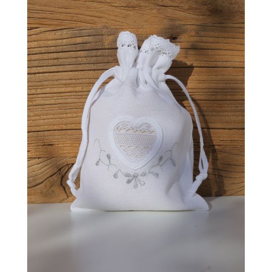 Βαμβακερό Ασημί Πουγκί Μπομπονιέρας με Δαντέλα & Κέντημα Καρδιά Lux Bo Maison 17x11.5cm One Size (17x11.5cm)