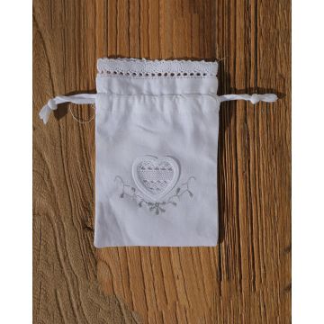 Βαμβακερό Ασημί Πουγκί Μπομπονιέρας με Δαντέλα & Κέντημα Καρδιά Lux Bo Maison 17x11.5cm One Size (17x11.5cm) - 