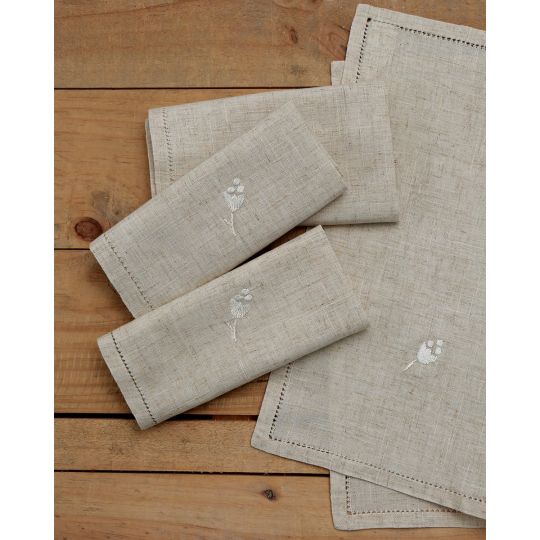 Σετ πετσέτες φαγητού με κέντημα φύλλο και αζούρ στο τελείωμα 42x42cm Μπεζ