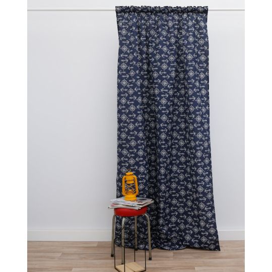 Έτοιμη Ραμμένη Κουρτίνα με Πυξίδες και Άγκυρες Angira Μπλε Σκούρο