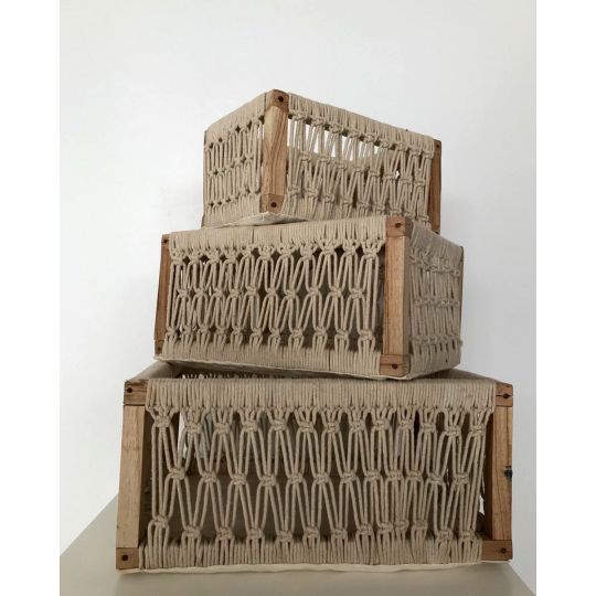 Ξύλινο Καλάθι με Μακραμέ Περιμετρικά Calla 3 Μεγέθη Natural