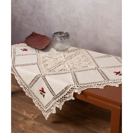 Καρέ με πλεκτό και απλικέ (90cm x 90cm) 030 κόκκινο λουλούδι