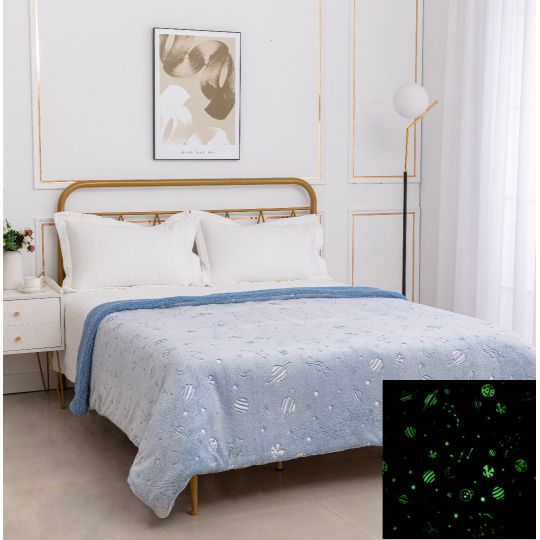 Παιδική φωσφοριζέ κουβέρτα με sherpa space (170cm x 220cm) σιέλ της Silk Fashion