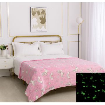 Παιδική φωσφοριζέ κουβέρτα unicorn (170cm x 220cm) ρόζ της Silk Fashion