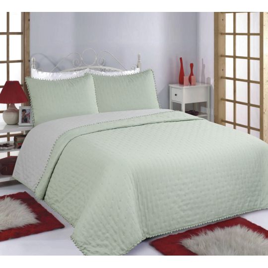 ΚΟΥΒΕΡΛΙ σετ (220cm x 240cm) PON-PON mint/grey της Silk Fashion