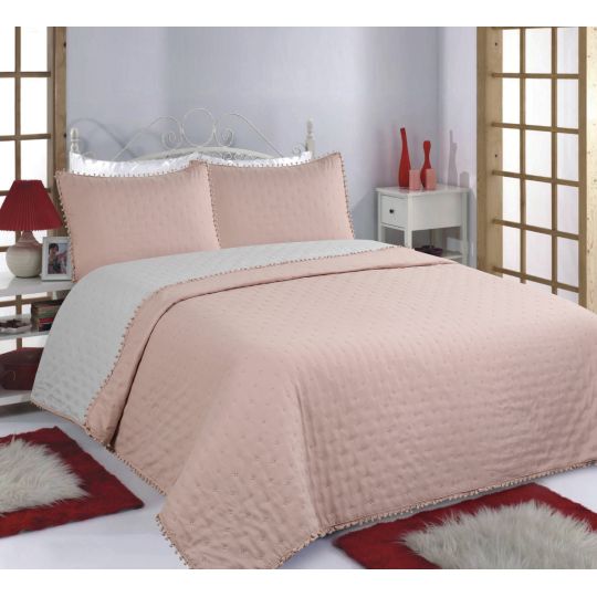 ΚΟΥΒΕΡΛΙ σετ (240cm x 260cm) PON-PON pink/grey της Silk Fashion