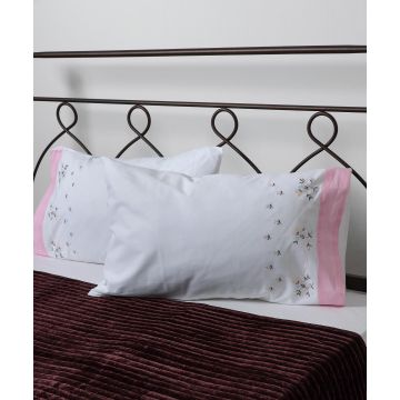 Silk Fashion Βαμβακερή μαξιλαροθήκη με κέντημα 050 (46cm x 70cm) λευκό με ρόζ φάσα ζευγάρι