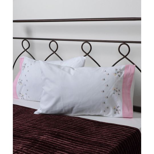 Silk Fashion Βαμβακερή μαξιλαροθήκη με κέντημα 050 (46cm x 70cm) λευκό με ρόζ φάσα ζευγάρι