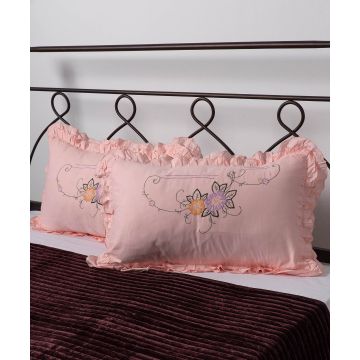 Silk Fashion Βαμβακερή μαξιλαροθήκη με βολάν και κέντημα (40cm x 65cm) ρόζ ζευγάρι