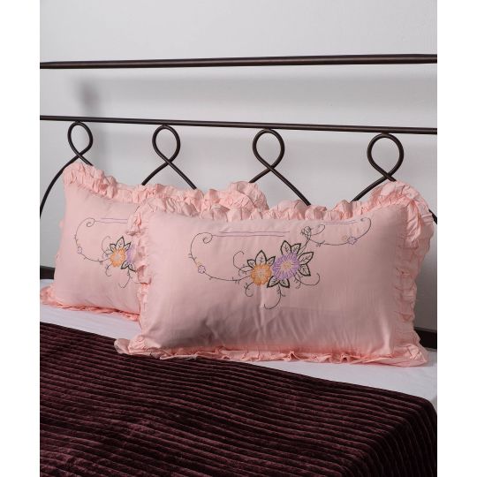Silk Fashion Βαμβακερή μαξιλαροθήκη με βολάν και κέντημα (40cm x 65cm) ρόζ ζευγάρι