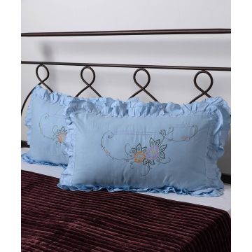 Silk Fashion Βαμβακερή μαξιλαροθήκη με βολάν και κέντημα (40cm x 65cm) σιέλ ζευγάρι