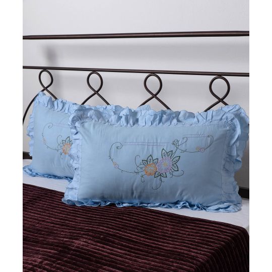 Silk Fashion Βαμβακερή μαξιλαροθήκη με βολάν και κέντημα (40cm x 65cm) σιέλ ζευγάρι