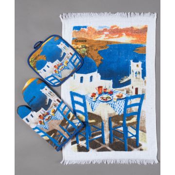 Σετ 3 τεμαχίων γάντι πιάστρα ποτηρόπανο GREECE1