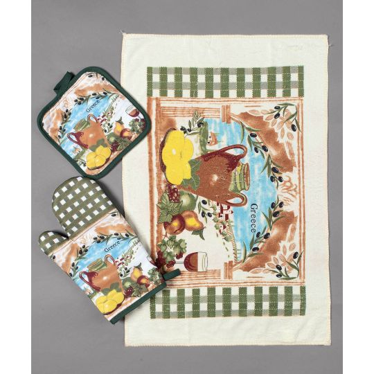 Σετ 3 τεμαχίων γάντι πιάστρα ποτηρόπανο GREECE5