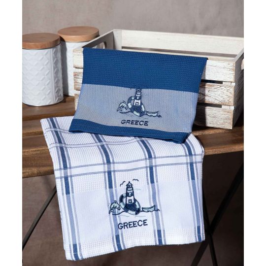 Σετ 2 τεμαχίων ποτηρόπανα (50cm x 70cm) μπλέ φάρος GREECE