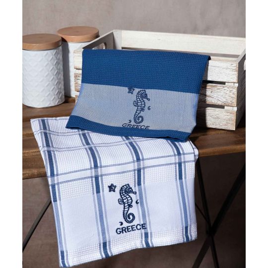 Σετ 2 τεμαχίων ποτηρόπανα (50cm x 70cm) μπλέ ιππόκαμπος GREECE
