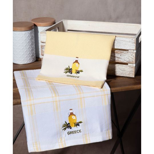 Σετ 2 τεμαχίων ποτηρόπανα (50cm x 70cm) μπουκάλι κίτρινο GREECE