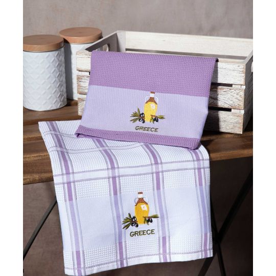 Σετ 2 τεμαχίων ποτηρόπανα (50cm x 70cm) μπουκάλι λιλά GREECE