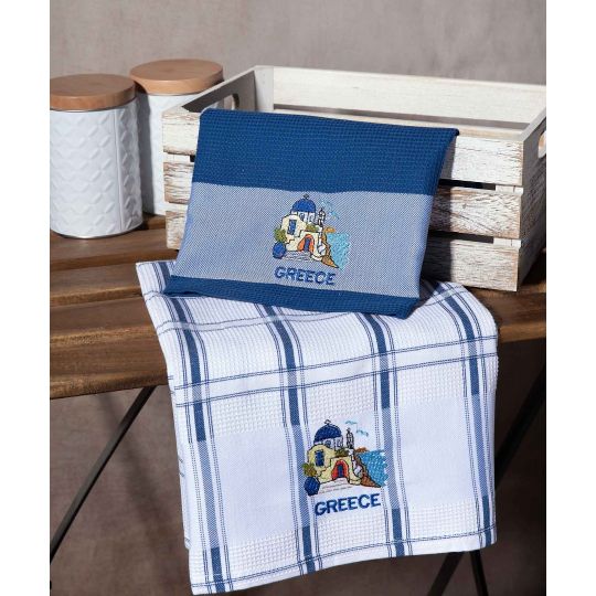 Σετ 2 τεμαχίων ποτηρόπανα (50cm x 70cm) μπλέ εκκλησία GREECE